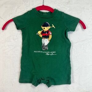 Ralph Lauren Polo Bear Romper 3M Green Short Sleeve Graphic Baby Boy